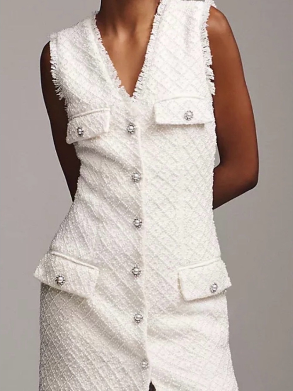 BHLDN White Tweed Sleeveless Button-Front Dress